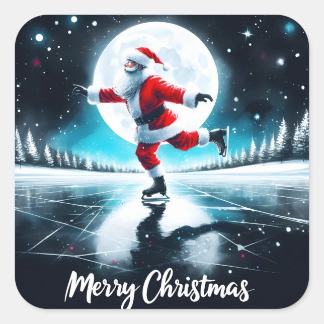 Santa Ice Skaten unter dem Mond Quadratischer Aufkleber (Vorderseite)