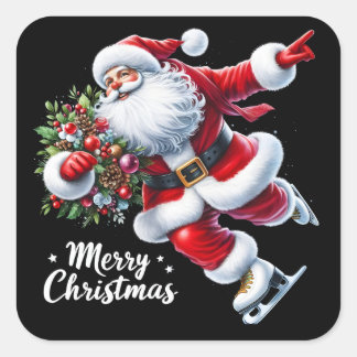 Santa Ice Skaten zu Weihnachten Quadratischer Aufkleber