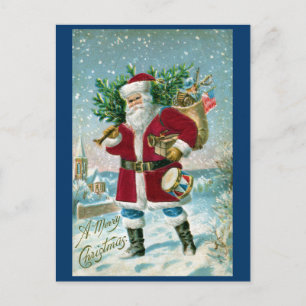 Santa im Schnee, der Trommel und Baum trägt Feiertagspostkarte
