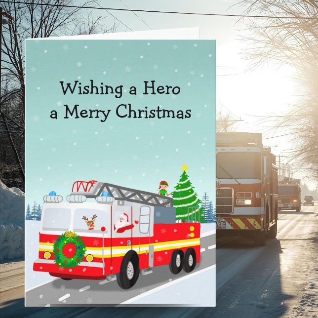 Santa in Firetruck Merry Christmas Hero Karte (Von Creator hochgeladen)