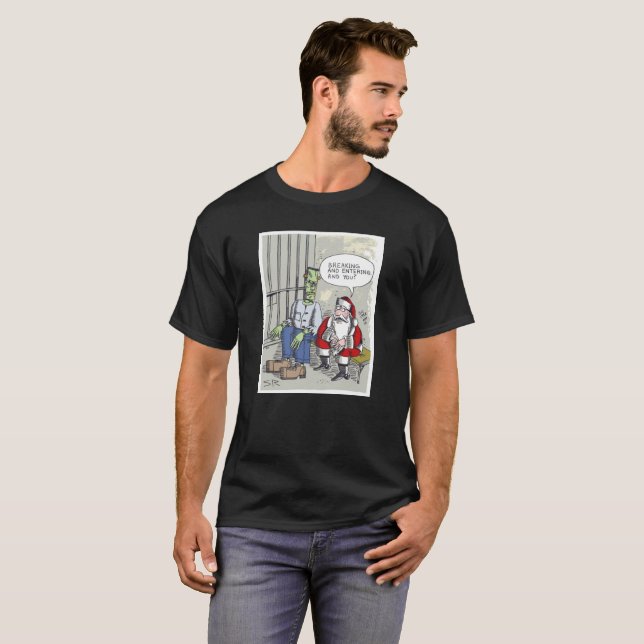 Santa in Gefängniswärter, schwarzes T-Shirt (Vorne ganz)