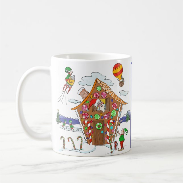 Santa in Gingerbret Haus mit Elfen farbenfroh Kaffeetasse (Links)