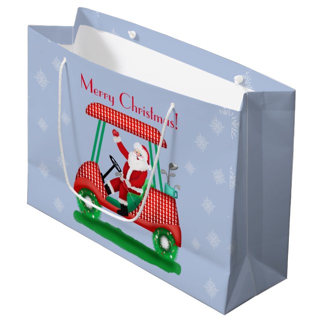 Santa in Golf Cart Frohe Weihnachten! Große Geschenktüte (Vorderseite Schrägansicht)