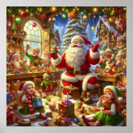 Santa in His Christmas Workshop With Toys Wall Poster