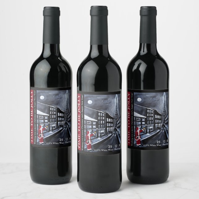 Santa in Paris Christmas Wine Label Weinetikett (Flaschen)