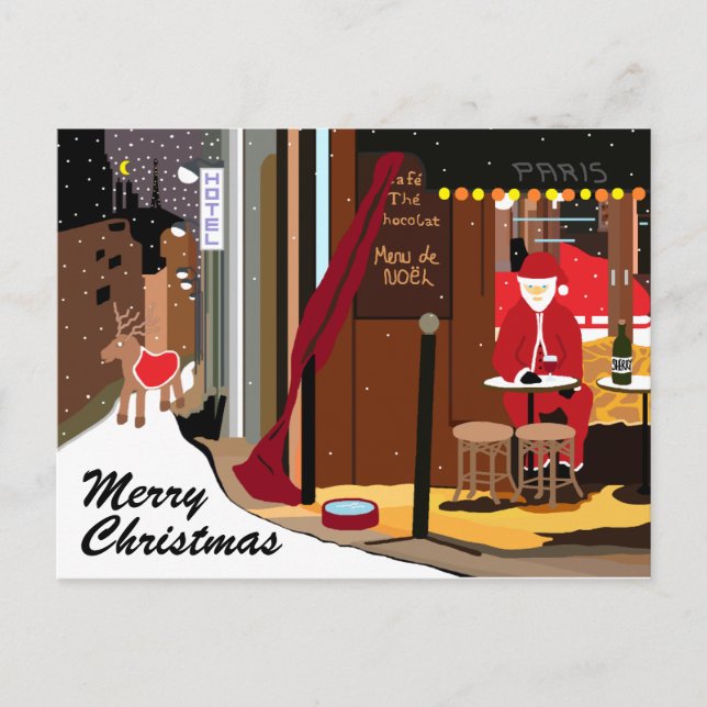 Santa in Paris Weihnachts-Weihnachtskarte Feiertagspostkarte (Vorderseite)