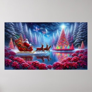 Santa in seinem Schlitten auf dem Weihnachtssternt Poster