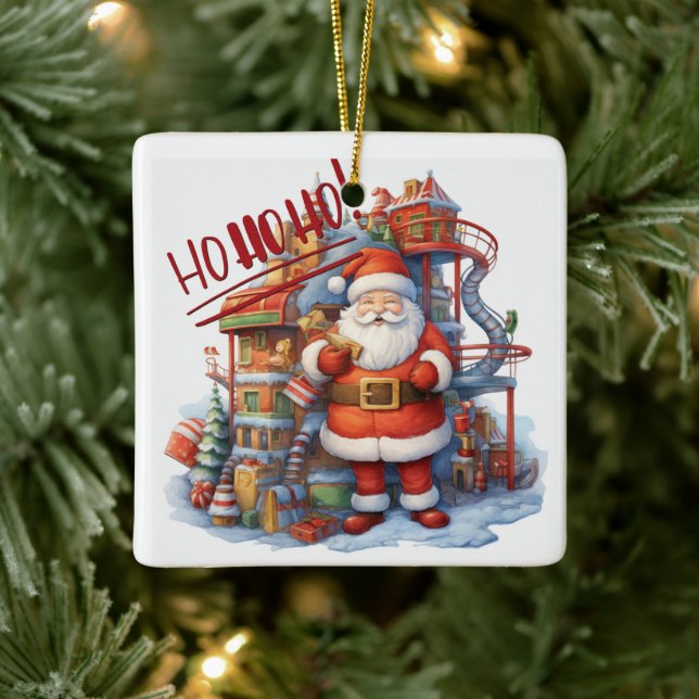 Santa in seiner Spielzeugfabrik Keramikornament (Baum)