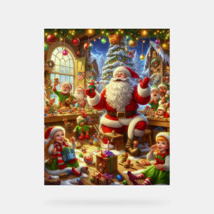 Santa in seiner Weihnachtswerkstatt mit Spielzeug Acrylschild