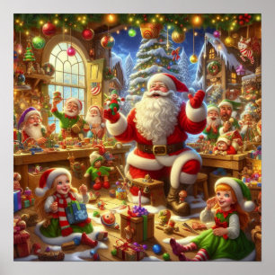 Santa in seiner Weihnachtswerkstatt mit Spielzeug Poster