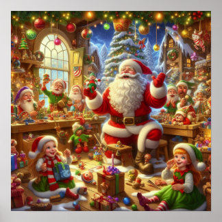 Santa in seiner Weihnachtswerkstatt mit Spielzeug Poster