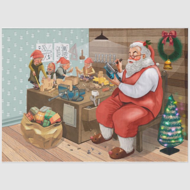 Santa in seiner Werkstatt Seidenpapier (Vorderseite)