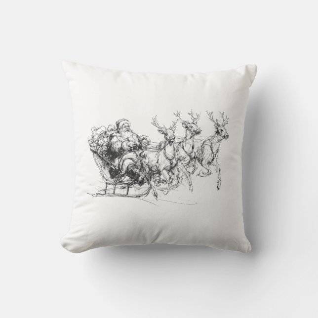 Santa in Sleigh – Minimal Christmas Sketch Kissen (Vorderseite)