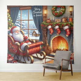 Santa in Sleigh Ruhen am Kamin Hintergrund Wandteppich