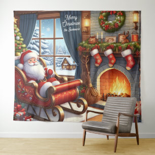 Santa in Sleigh Ruhen am Kamin Hintergrund Wandteppich