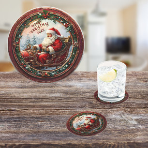 Santa in Sleigh Runder Pappuntersetzer