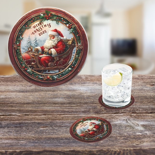 Santa in Sleigh Runder Pappuntersetzer (Von Creator hochgeladen)