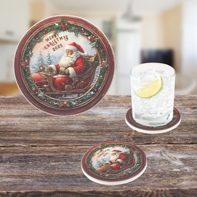 Santa in Sleigh Sandstone Getränkeuntersetzer (Von Creator hochgeladen)