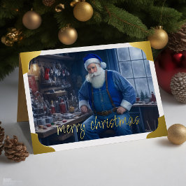 Santa in Workshop Blue Feiertagskarte