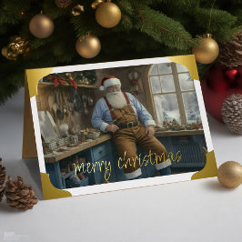 Santa in Workshop Blue Feiertagskarte