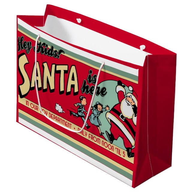 Santa ist hier Retro Weihnachtsgeschenk-Tasche Große Geschenktüte (Vorderseite Schrägansicht)