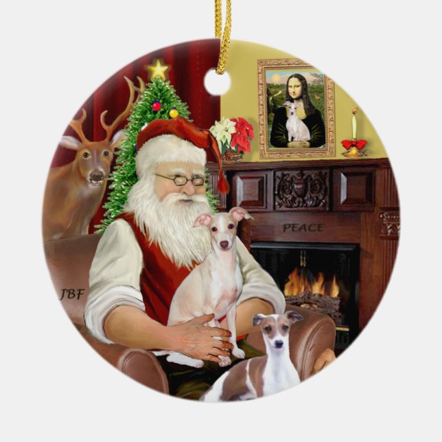 Santa - Italienischer Windhund (ZWEI) Keramikornament (Vorne)
