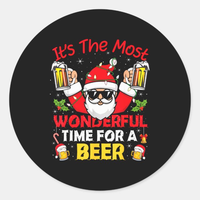 Santa It's The Most Wonderful Time For A Beer Funn Runder Aufkleber (Vorderseite)
