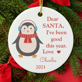 Santa I've Been Good Photo Christmas Penguin Keramik Ornament