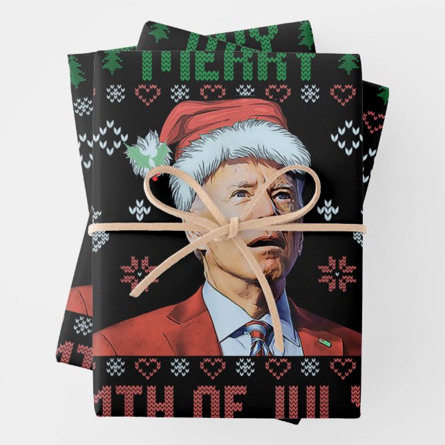Santa Joe Biden Happy 4. Juli Ugly Weihnachten Geschenkpapier Set (Beispiel)