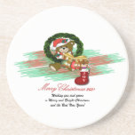 Santa Joy Sock Christmas Sandstone Untersetzer<br><div class="desc">Weihnachtsdesign in stilvollem,  elegantem Rot-Grün-Muster mit Teddybär und Freudensocke ist ein perfektes Weihnachtsgeschenk für Ihre Familie und Ihre besten Freunde. Sehen Sie sich andere Weihnachtsdesigns in der Sammlung "Cheers of Christmas" an.</div>