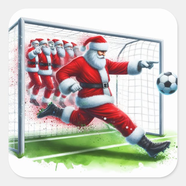 Santa Kicks a Soccer Ball im festlichen Winterspie Quadratischer Aufkleber (Vorderseite)