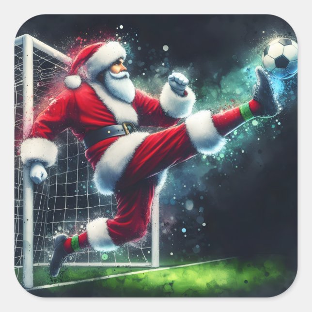 Santa Kicks a Soccer Ball in festlicher Atmosphäre Quadratischer Aufkleber (Vorderseite)