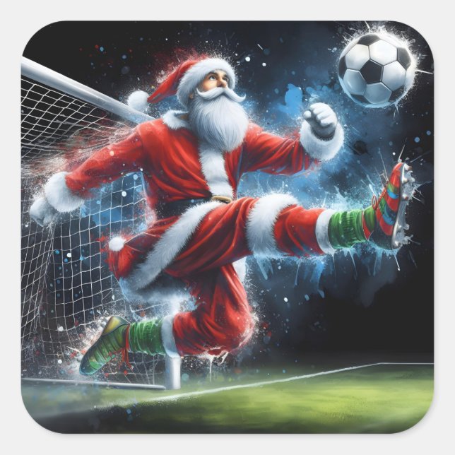 Santa Kicks ein Fußballball im Winter Quadratischer Aufkleber (Vorderseite)