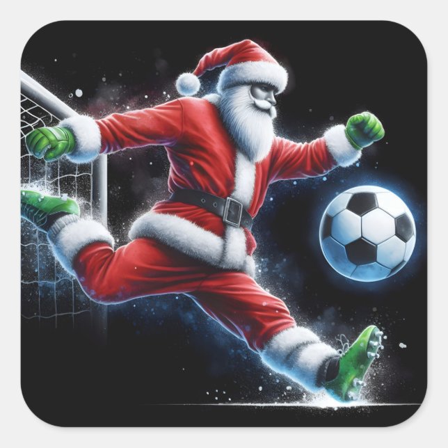 Santa Kicks ein Fußballball im Winter Quadratischer Aufkleber (Vorderseite)