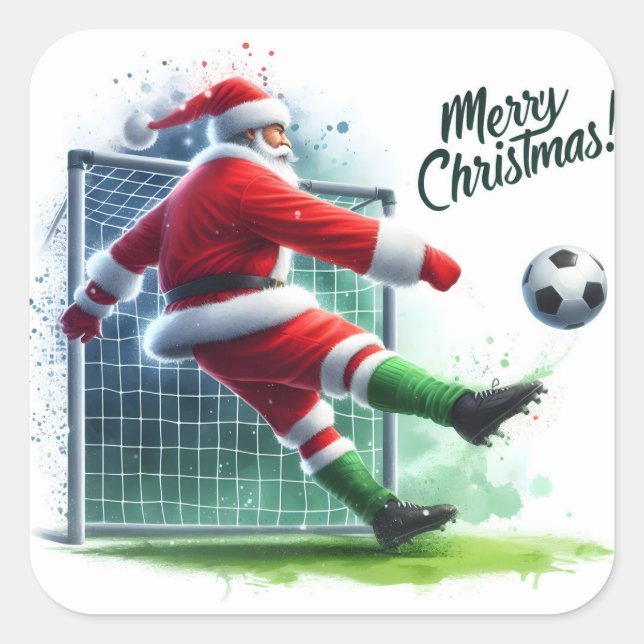 Santa Kicks ein Fußballball zum Spaß! Quadratischer Aufkleber (Vorderseite)