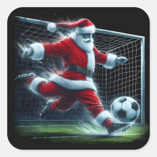 Santa Kicks Fußball Ball während eines festlichen  Quadratischer Aufkleber (Vorderseite)