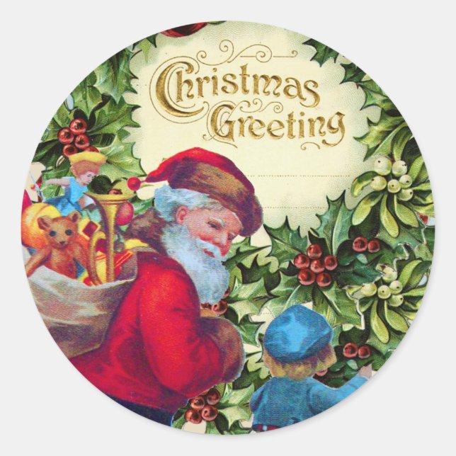 SANTA, KIND, CHRISTMAS CROWN, HOLLYBERRY, MISTLETO RUNDER AUFKLEBER (Vorderseite)