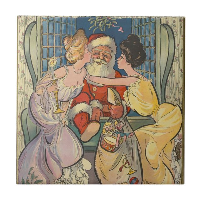 Santa Kissing Vintage Weihnachtskarte Fliese (Vorderseite)
