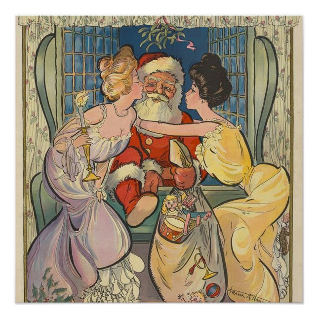 Santa Kissing Vintage Weihnachtskarte Poster (Vorderseite)