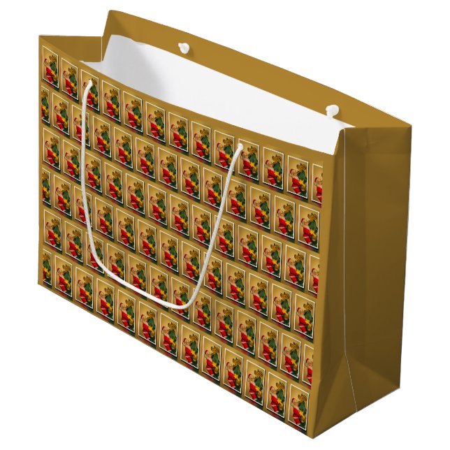 Santa Klettern im Weihnachtsbaum, Vintag Golden Große Geschenktüte (Vorderseite Schrägansicht)