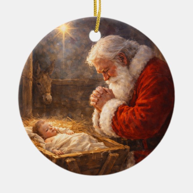 Santa Kneeling at the Manger Nativity Keramik Ornament (Vorne)