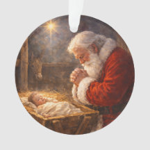 Santa kniet an der Krippe Weihnachtsdarstellung