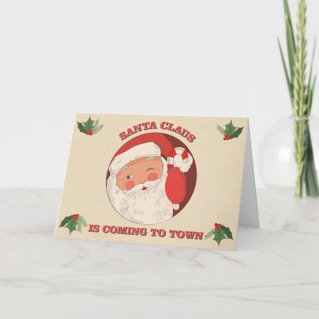 Santa kommt in die Stadt Feiertagskarte (Vorderseite)
