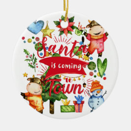 Santa kommt in die Stadt - Niedliche Kuhfeier Keramik Ornament