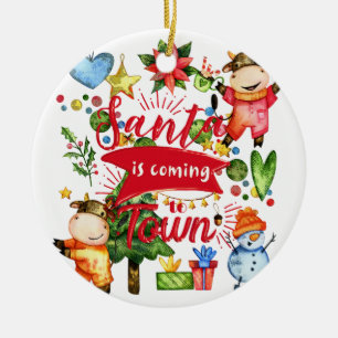 Santa kommt in die Stadt - Niedliche Kuhfeier Keramik Ornament
