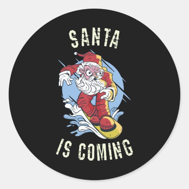 Santa kommt mit dem Snowboard Runder Aufkleber (Vorderseite)