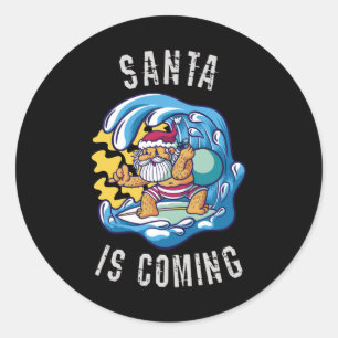 Santa kommt mit Surfboard Runder Aufkleber