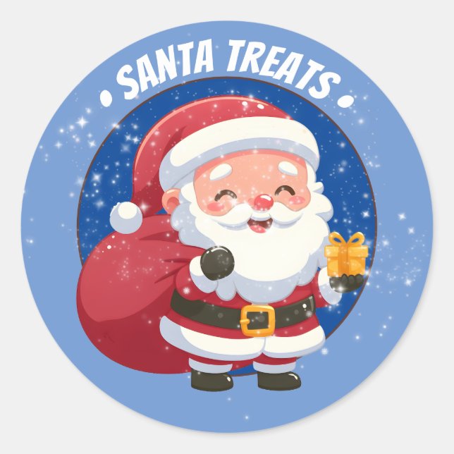 Santa Leckereien mit Geschenk für blauen Schnee Runder Aufkleber (Vorderseite)