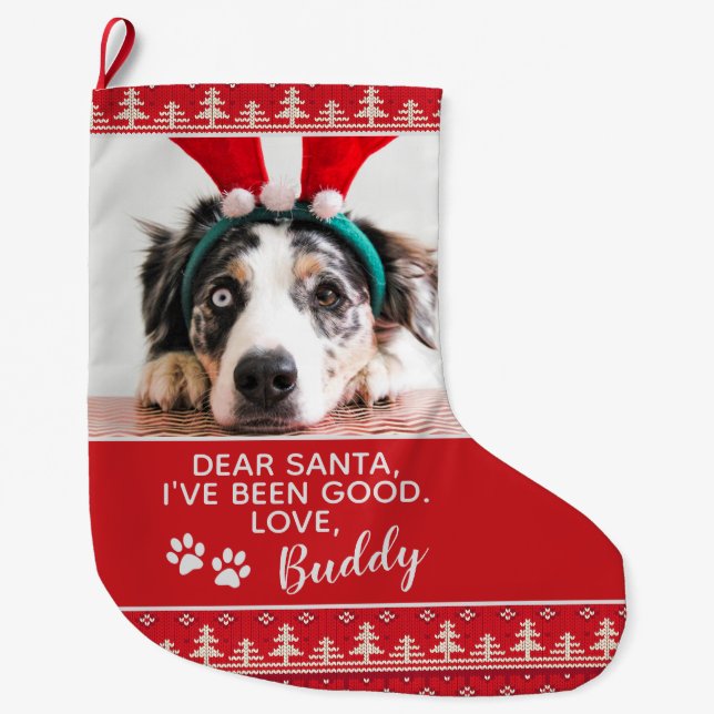 Santa Letter Nordic Pattern Dog Foto Großer Weihnachtsstrumpf (Vorderseite)