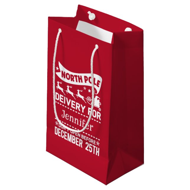 SANTA Liefername Roter und Weißer Nordpol Lieferna Kleine Geschenktüte (Vorderseite Schrägansicht)